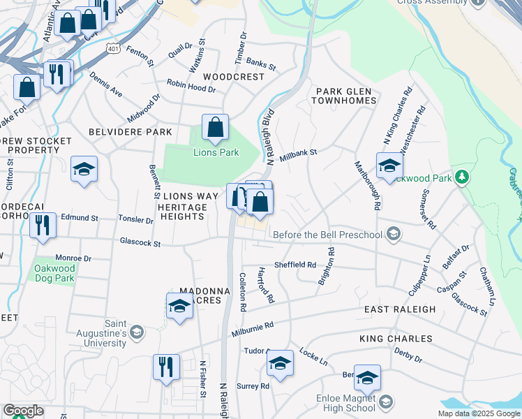 map of restaurants, bars, coffee shops, grocery stores, and more near 1100 Raleigh Boulevard in Raleigh