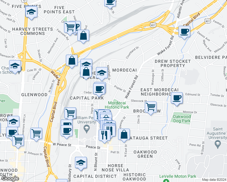 map of restaurants, bars, coffee shops, grocery stores, and more near 1107 Mordecai Drive in Raleigh