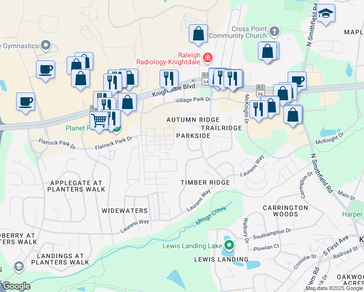 map of restaurants, bars, coffee shops, grocery stores, and more near 801 Pine Forest Trail in Knightdale