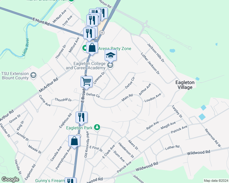 map of restaurants, bars, coffee shops, grocery stores, and more near 446 Defoe Circle in Maryville