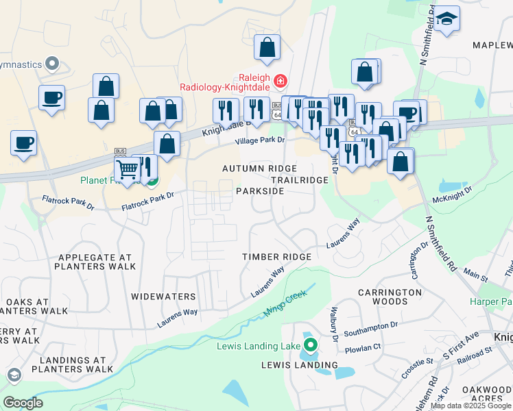map of restaurants, bars, coffee shops, grocery stores, and more near 1102 Pine Forest Trail in Knightdale