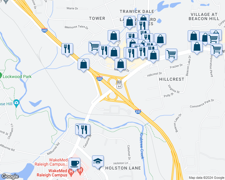 map of restaurants, bars, coffee shops, grocery stores, and more near 3474 New Bern Avenue in Raleigh