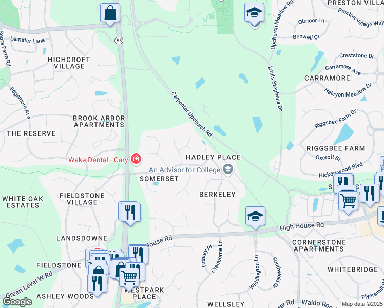 map of restaurants, bars, coffee shops, grocery stores, and more near 102 Dixieland Trail in Cary