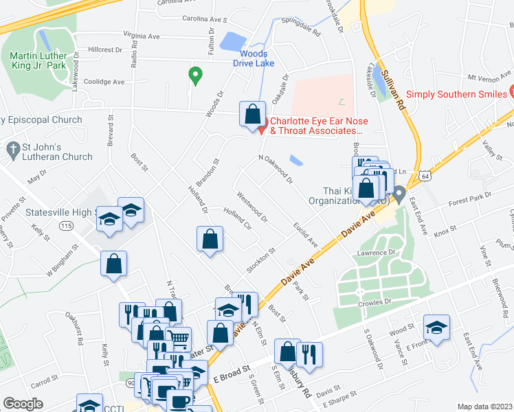 map of restaurants, bars, coffee shops, grocery stores, and more near 352 Westwood Drive in Statesville