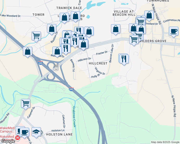 map of restaurants, bars, coffee shops, grocery stores, and more near 1020 Plainview Drive in Raleigh