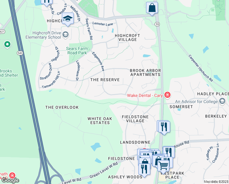 map of restaurants, bars, coffee shops, grocery stores, and more near 308 Edgemore Avenue in Cary