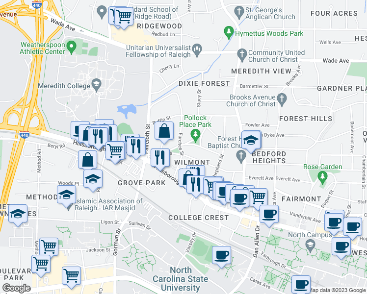 map of restaurants, bars, coffee shops, grocery stores, and more near 3229 Merriman Ave in Raleigh