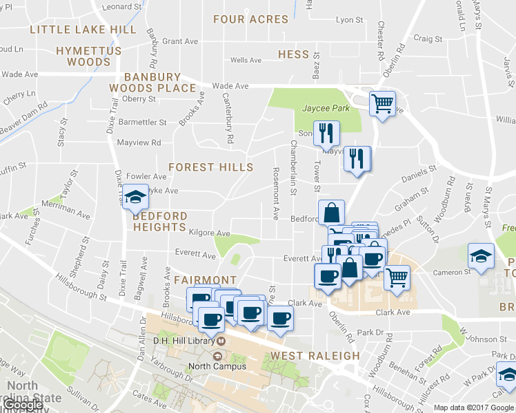 map of restaurants, bars, coffee shops, grocery stores, and more near 717 Latta Street in Raleigh