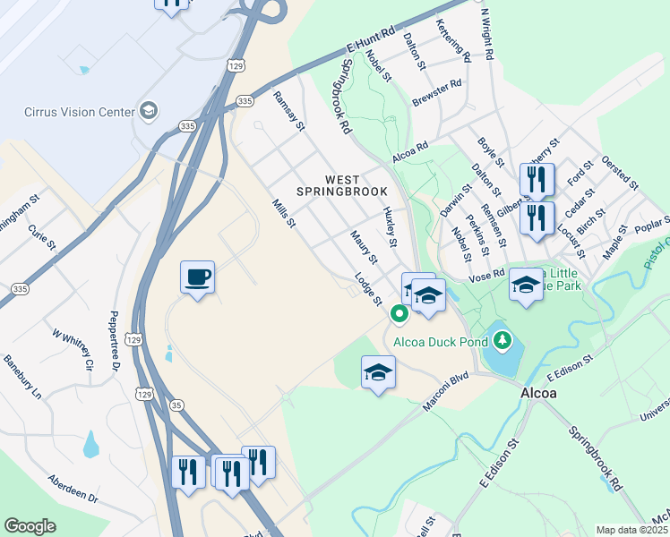 map of restaurants, bars, coffee shops, grocery stores, and more near 1555 Lodge Street in Alcoa