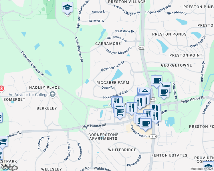 map of restaurants, bars, coffee shops, grocery stores, and more near 206 Oxcroft Street in Cary