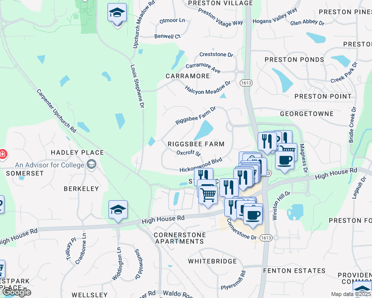 map of restaurants, bars, coffee shops, grocery stores, and more near 206 Oxcroft Street in Cary