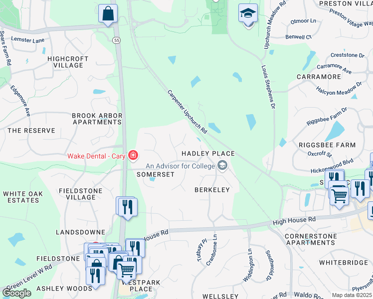 map of restaurants, bars, coffee shops, grocery stores, and more near 102 Dixieland Trail in Cary
