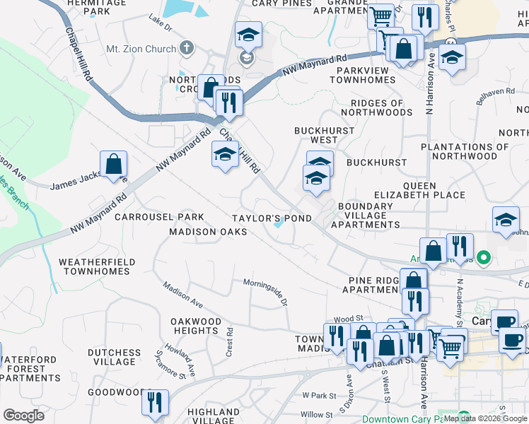 map of restaurants, bars, coffee shops, grocery stores, and more near 215 Rosebrooks Drive in Cary