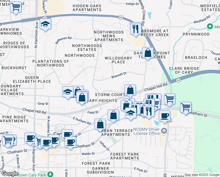 map of restaurants, bars, coffee shops, grocery stores, and more near 501 Sorrell Street in Cary