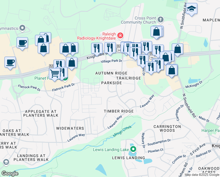 map of restaurants, bars, coffee shops, grocery stores, and more near 1103 Pine Forest Trail in Knightdale