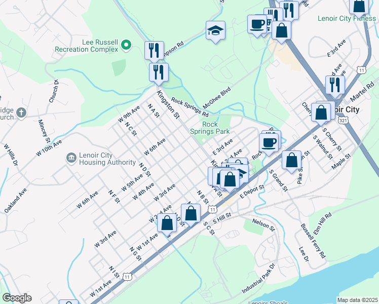 map of restaurants, bars, coffee shops, grocery stores, and more near 501 North A Street in Lenoir City