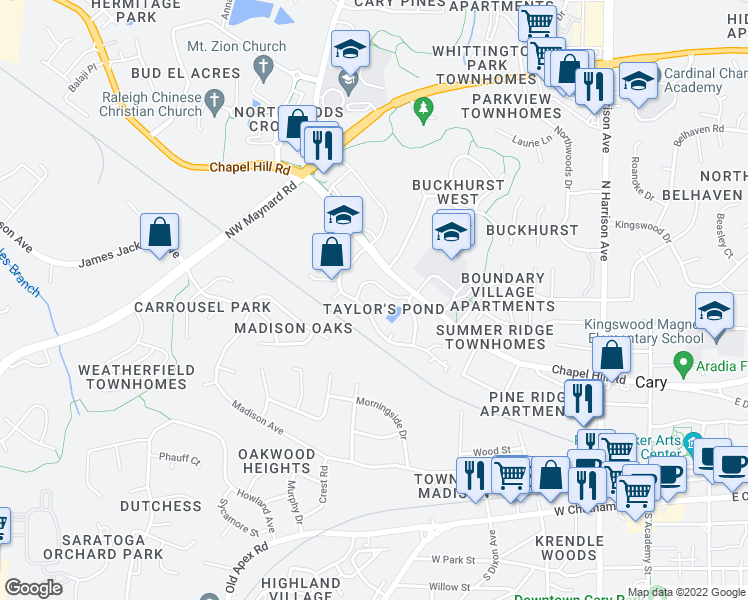 map of restaurants, bars, coffee shops, grocery stores, and more near 215 Rosebrooks Drive in Cary