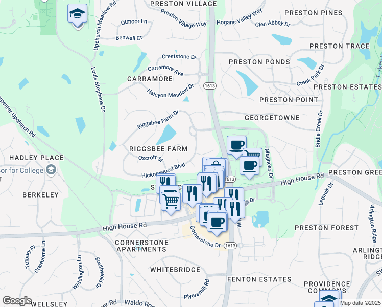 map of restaurants, bars, coffee shops, grocery stores, and more near 200 Hickorywood Boulevard in Cary