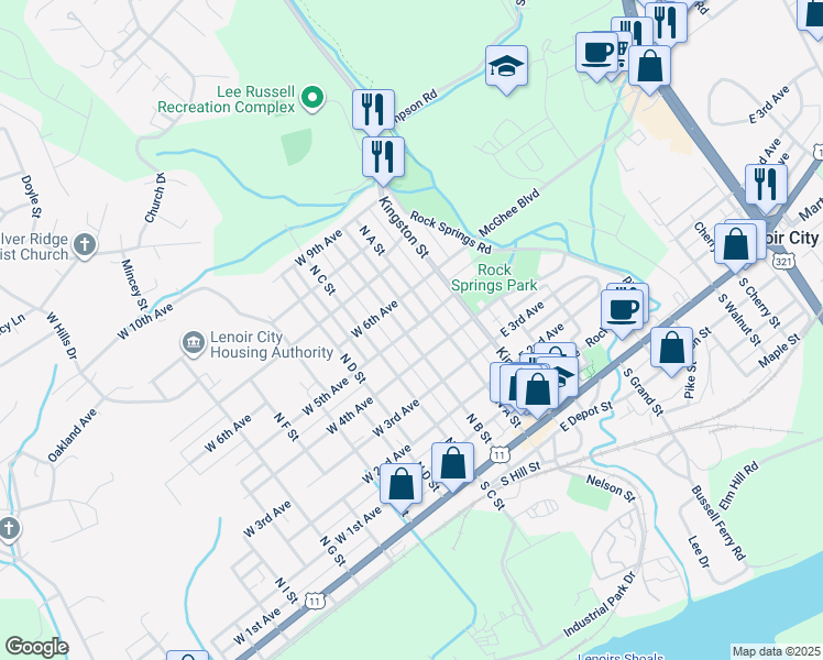 map of restaurants, bars, coffee shops, grocery stores, and more near 109 West 5th Avenue in Lenoir City