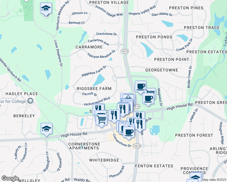 map of restaurants, bars, coffee shops, grocery stores, and more near 200 Hickorywood Boulevard in Cary