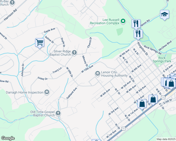 map of restaurants, bars, coffee shops, grocery stores, and more near 500 West 10th Avenue in Lenoir City