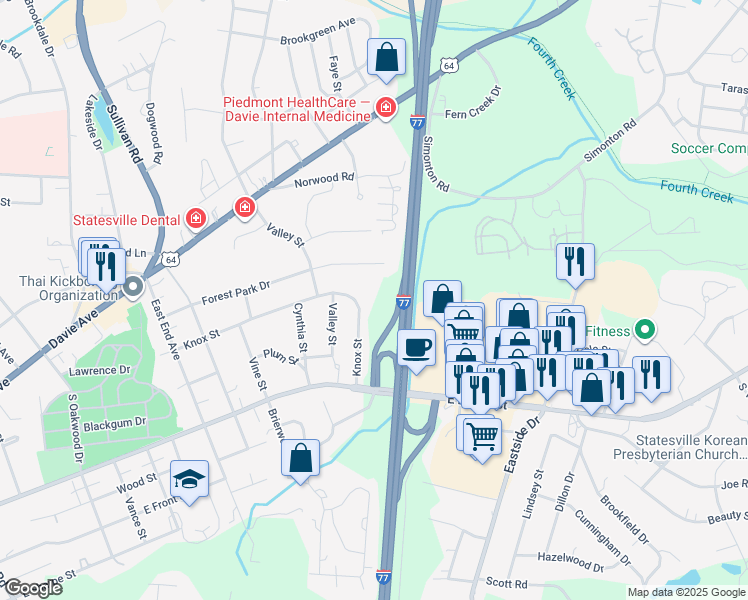 map of restaurants, bars, coffee shops, grocery stores, and more near 222 Knox Street in Statesville