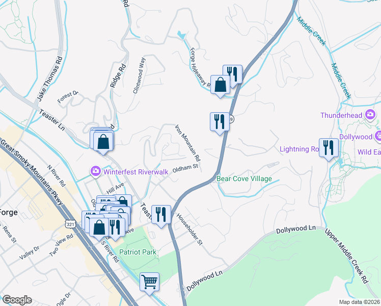 map of restaurants, bars, coffee shops, grocery stores, and more near 952 Iron Mountain Road in Pigeon Forge