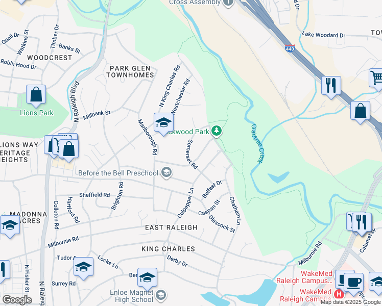 map of restaurants, bars, coffee shops, grocery stores, and more near 1208 Somerset Road in Raleigh