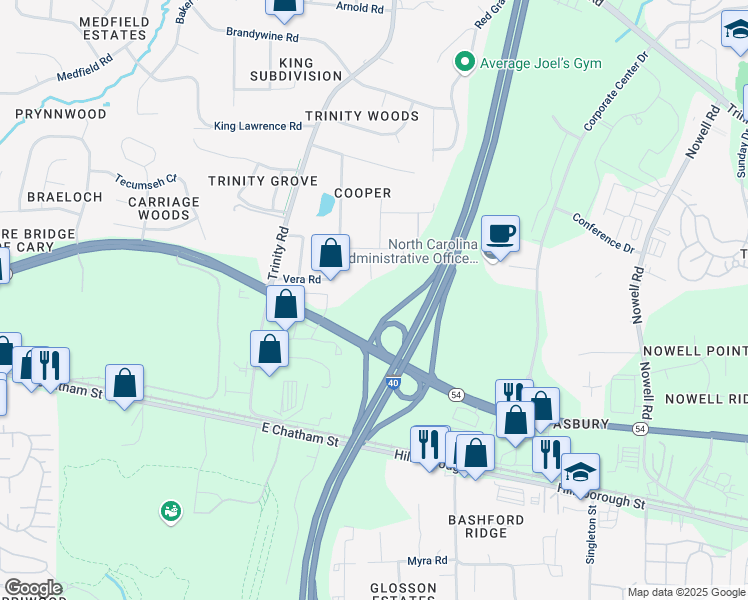 map of restaurants, bars, coffee shops, grocery stores, and more near 7300 Chapel Hill Road in Cary