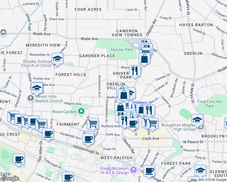 map of restaurants, bars, coffee shops, grocery stores, and more near in Raleigh