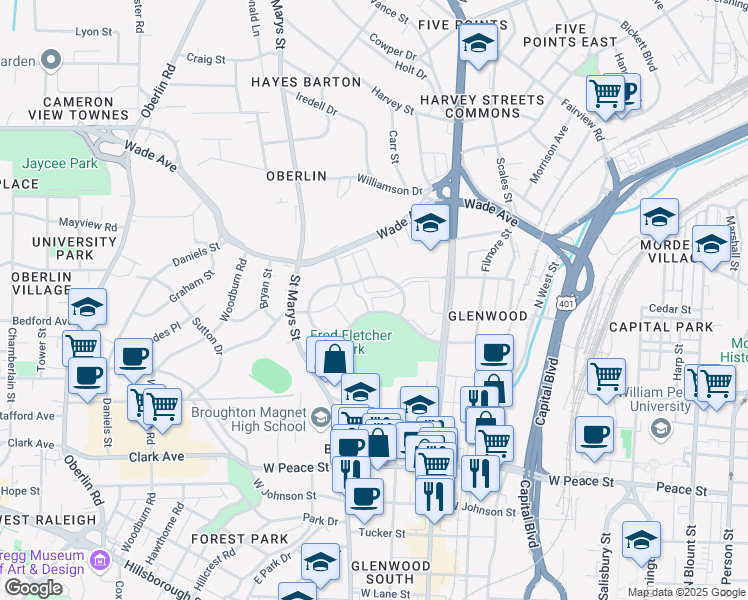 map of restaurants, bars, coffee shops, grocery stores, and more near 106 Washington Square in Raleigh