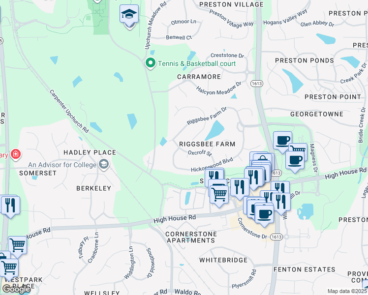map of restaurants, bars, coffee shops, grocery stores, and more near 302 Oxcroft Street in Cary