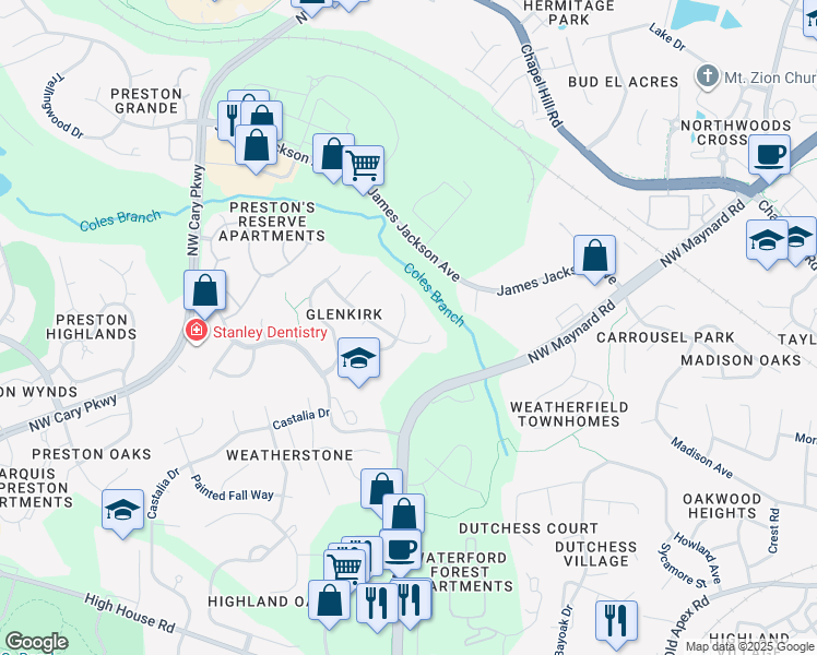 map of restaurants, bars, coffee shops, grocery stores, and more near 2302 Haniman Park Drive in Cary