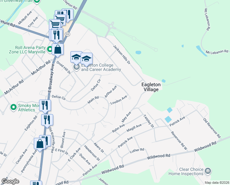 map of restaurants, bars, coffee shops, grocery stores, and more near 517 Arthur Ave in Maryville