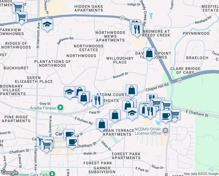 map of restaurants, bars, coffee shops, grocery stores, and more near 481 Sorrell Street in Cary