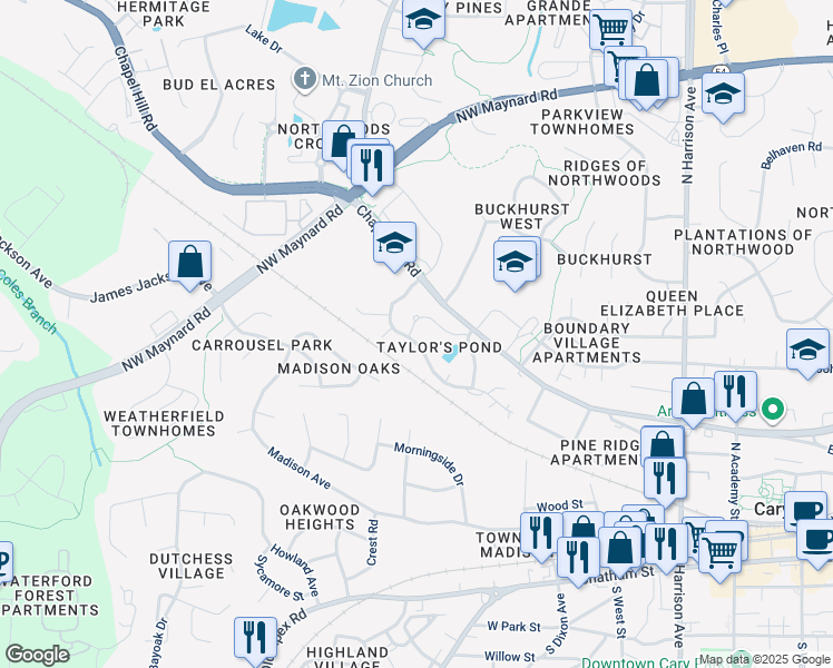 map of restaurants, bars, coffee shops, grocery stores, and more near 215 Rosebrooks Dr in Cary