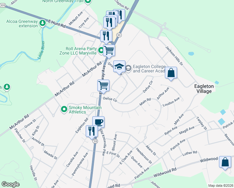 map of restaurants, bars, coffee shops, grocery stores, and more near 114 Defoe Circle in Maryville