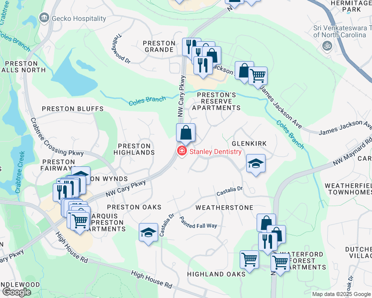 map of restaurants, bars, coffee shops, grocery stores, and more near 3701 Northwest Cary Parkway in Cary