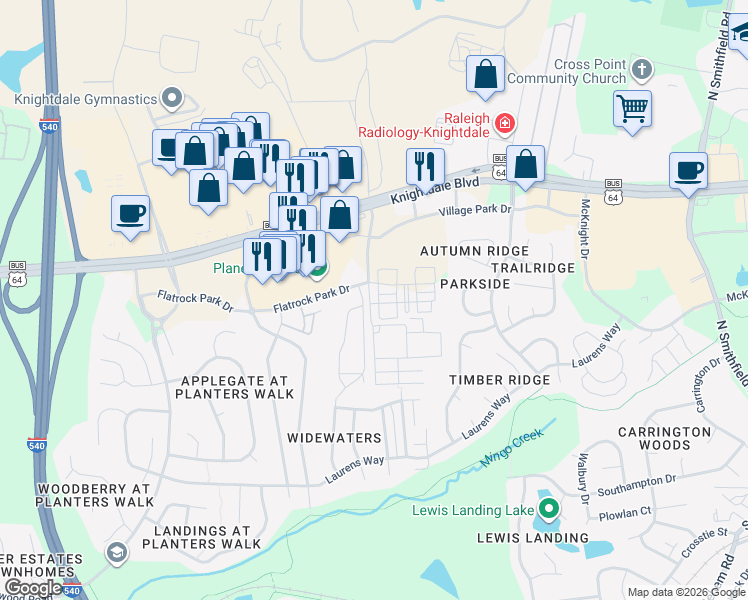 map of restaurants, bars, coffee shops, grocery stores, and more near 971 Parkstone Towne Boulevard in Knightdale