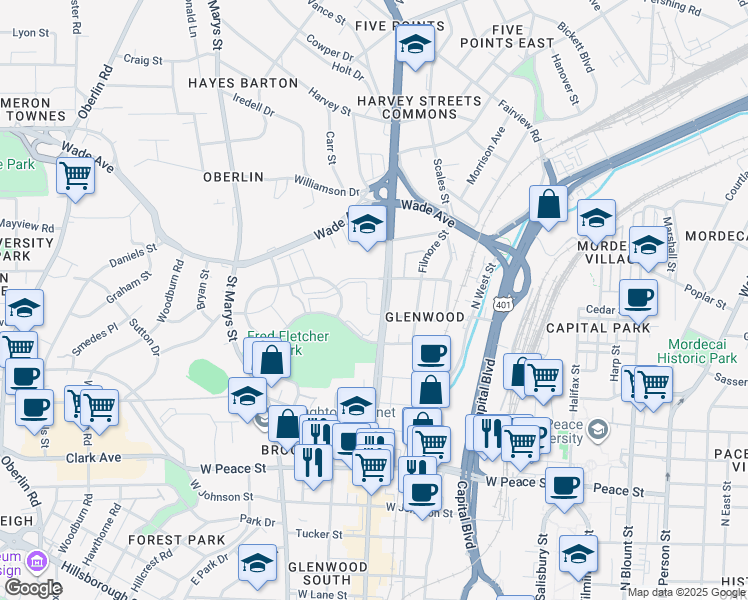 map of restaurants, bars, coffee shops, grocery stores, and more near 1212 Glenwood Avenue in Raleigh