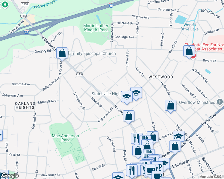 map of restaurants, bars, coffee shops, grocery stores, and more near 534 Hackett Street in Statesville