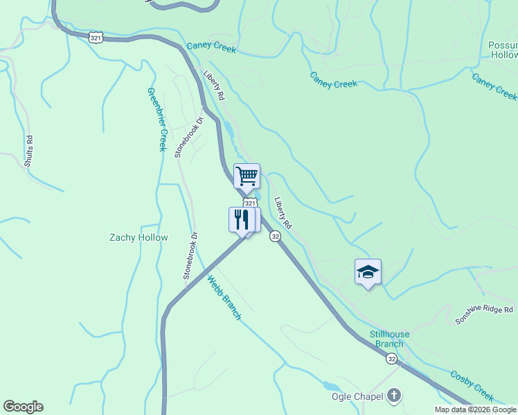 map of restaurants, bars, coffee shops, grocery stores, and more near 4390 Cosby Highway in Cosby