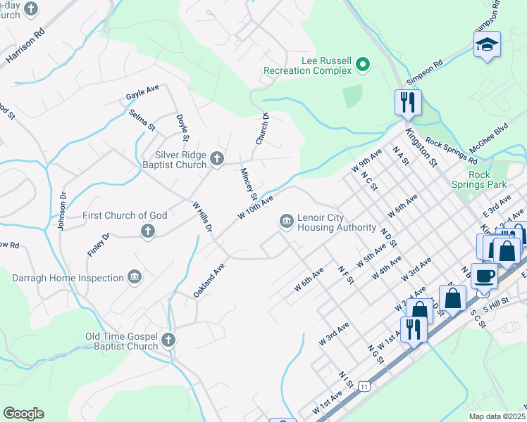 map of restaurants, bars, coffee shops, grocery stores, and more near 500 West 10th Avenue in Lenoir City