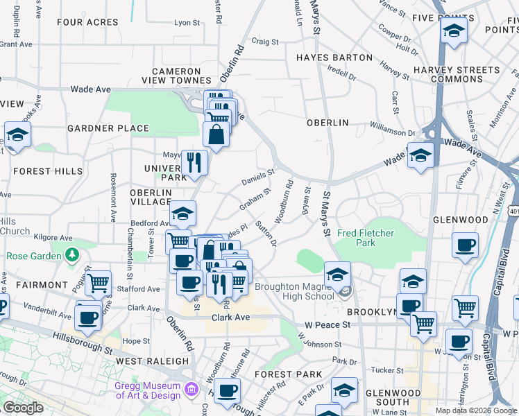 map of restaurants, bars, coffee shops, grocery stores, and more near 707 Smedes Place in Raleigh