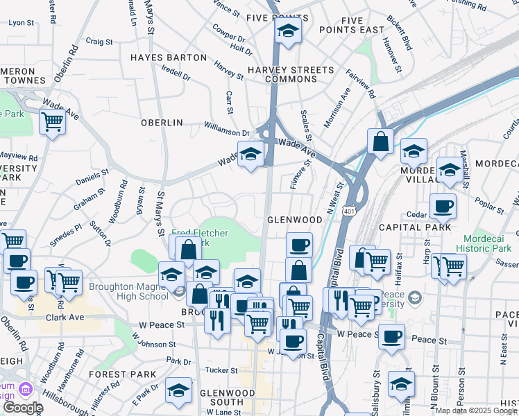 map of restaurants, bars, coffee shops, grocery stores, and more near 720 Bishops Park Drive in Raleigh