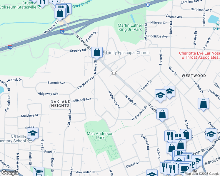 map of restaurants, bars, coffee shops, grocery stores, and more near 730 North Mulberry Street in Statesville