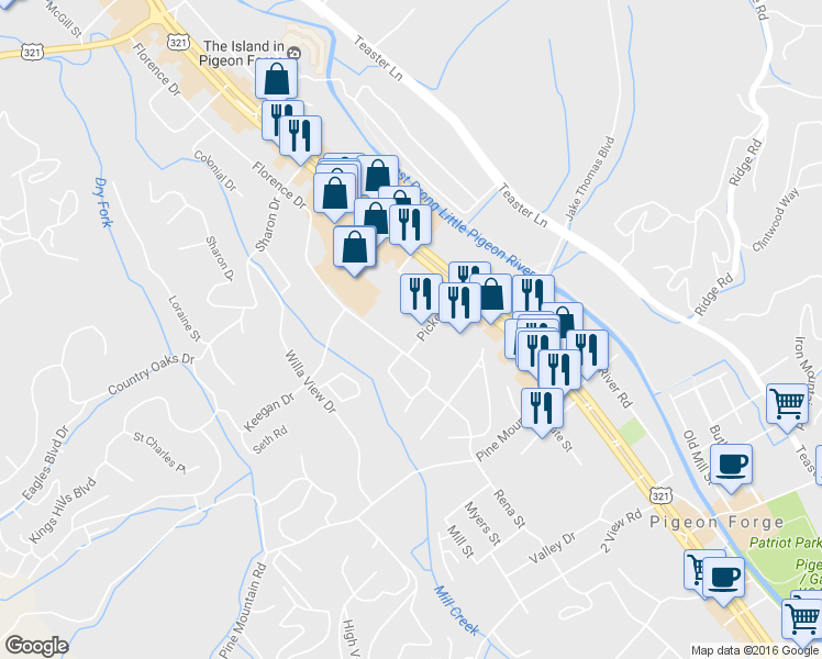 map of restaurants, bars, coffee shops, grocery stores, and more near 208 Pickel Street in Pigeon Forge