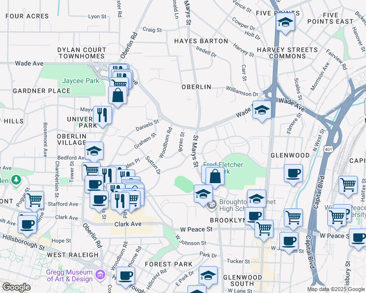 map of restaurants, bars, coffee shops, grocery stores, and more near 812 Bryan Street in Raleigh