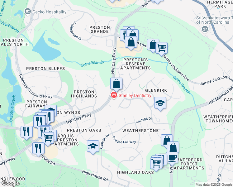 map of restaurants, bars, coffee shops, grocery stores, and more near 3701 Northwest Cary Parkway in Cary