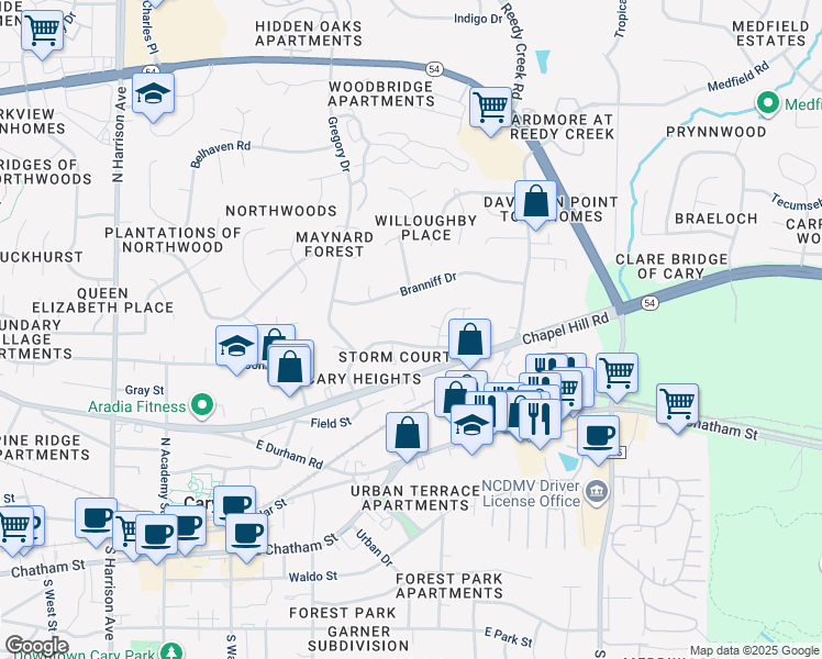 map of restaurants, bars, coffee shops, grocery stores, and more near 509 Sorrell Street in Cary